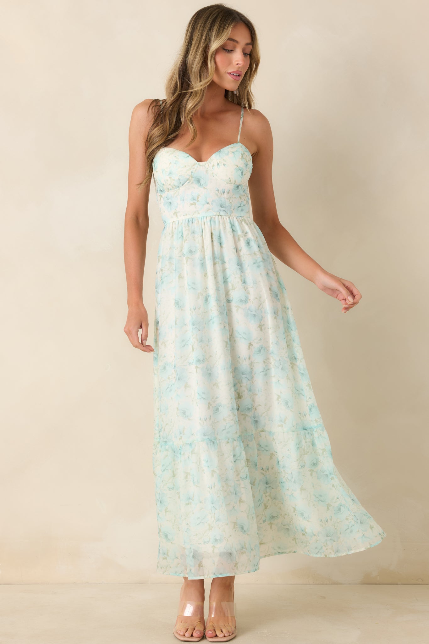 Love Me Softly Aqua Blue Floral Bustier Maxi Dress