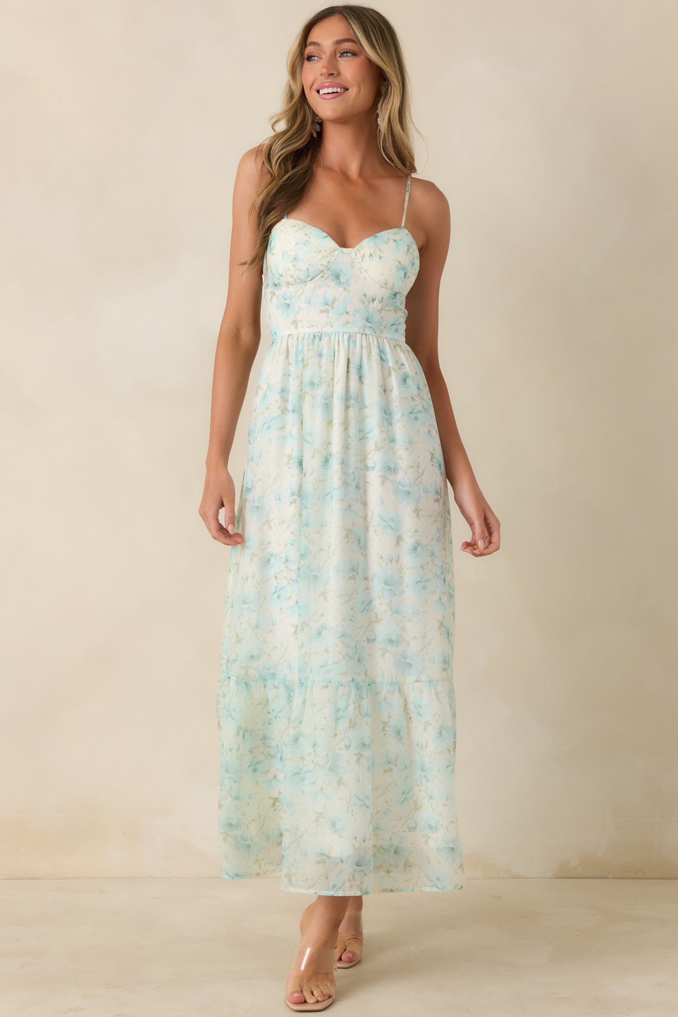Love Me Softly Aqua Blue Floral Bustier Maxi Dress