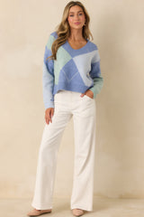 Just My Style Blue Multi Knit Argyle V-Neck Sweater