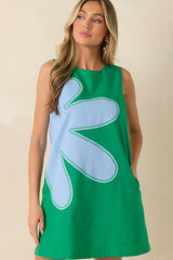 Mood Booster Green & Blue Appliqué Mini Shift Dress