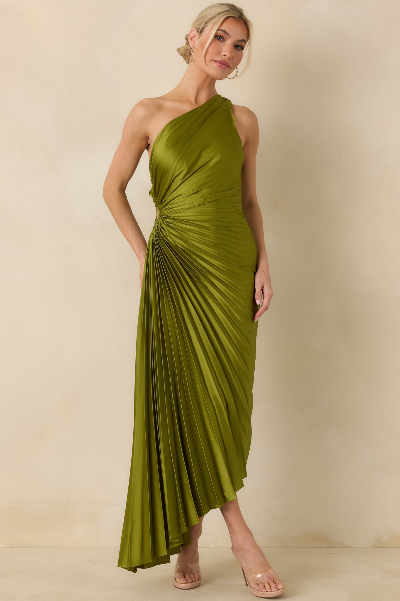 Poetic Charm Olive Green Asymmetric One Shoulder Maxi Dress