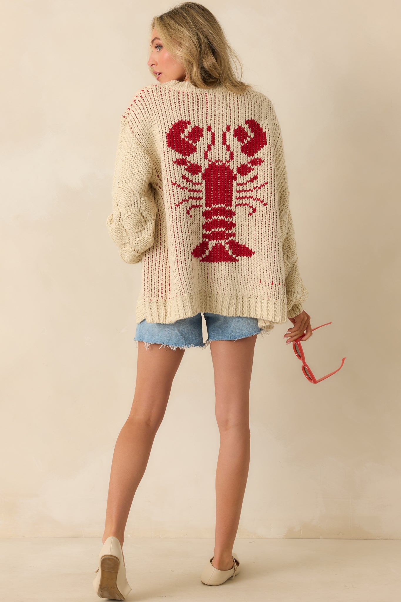 Dinner By The Dock Ivory Lobster Motif Open Front Cardigan