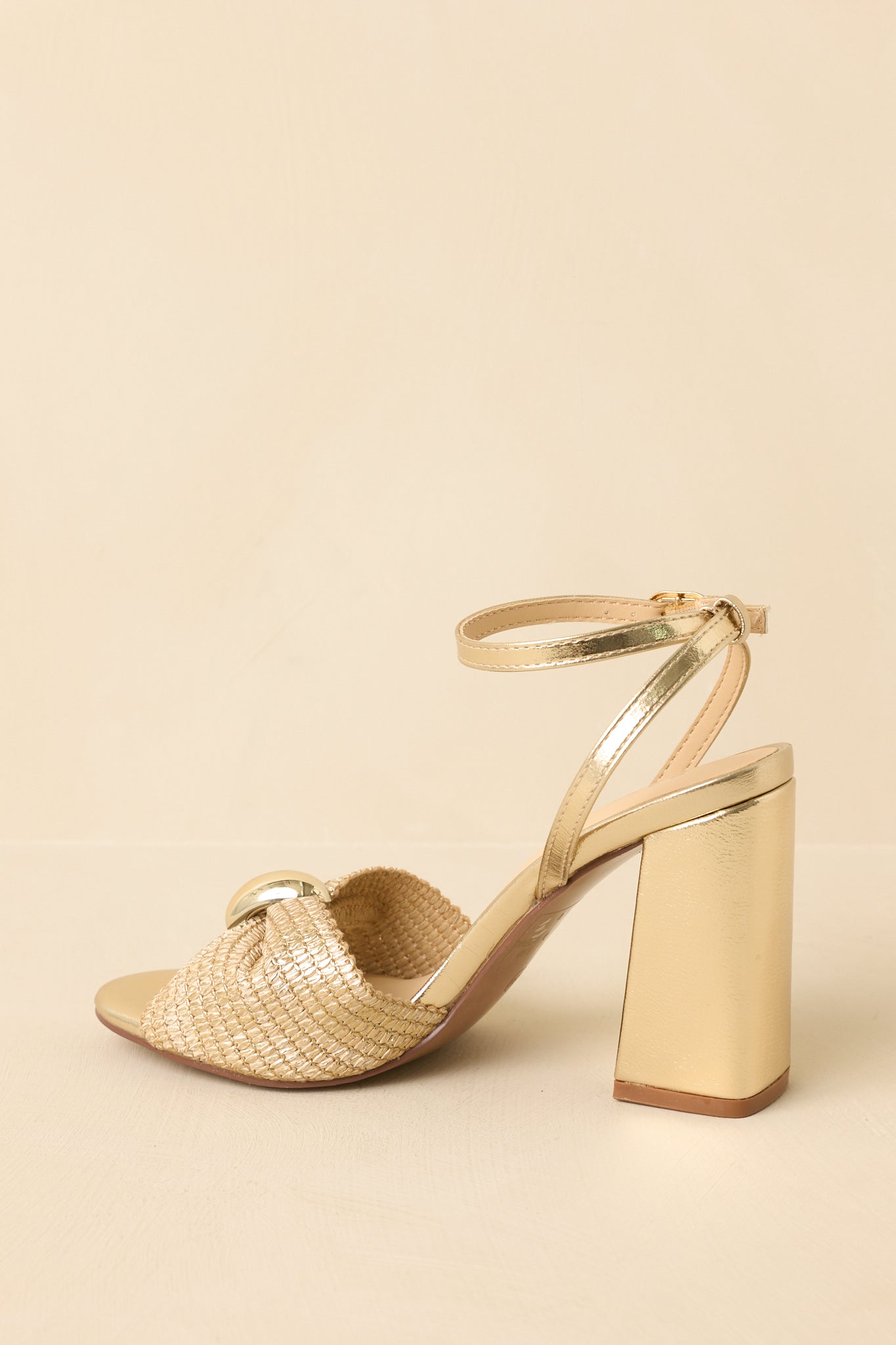 Charmed I'm Sure Gold Woven Bow Block Heel Sandals