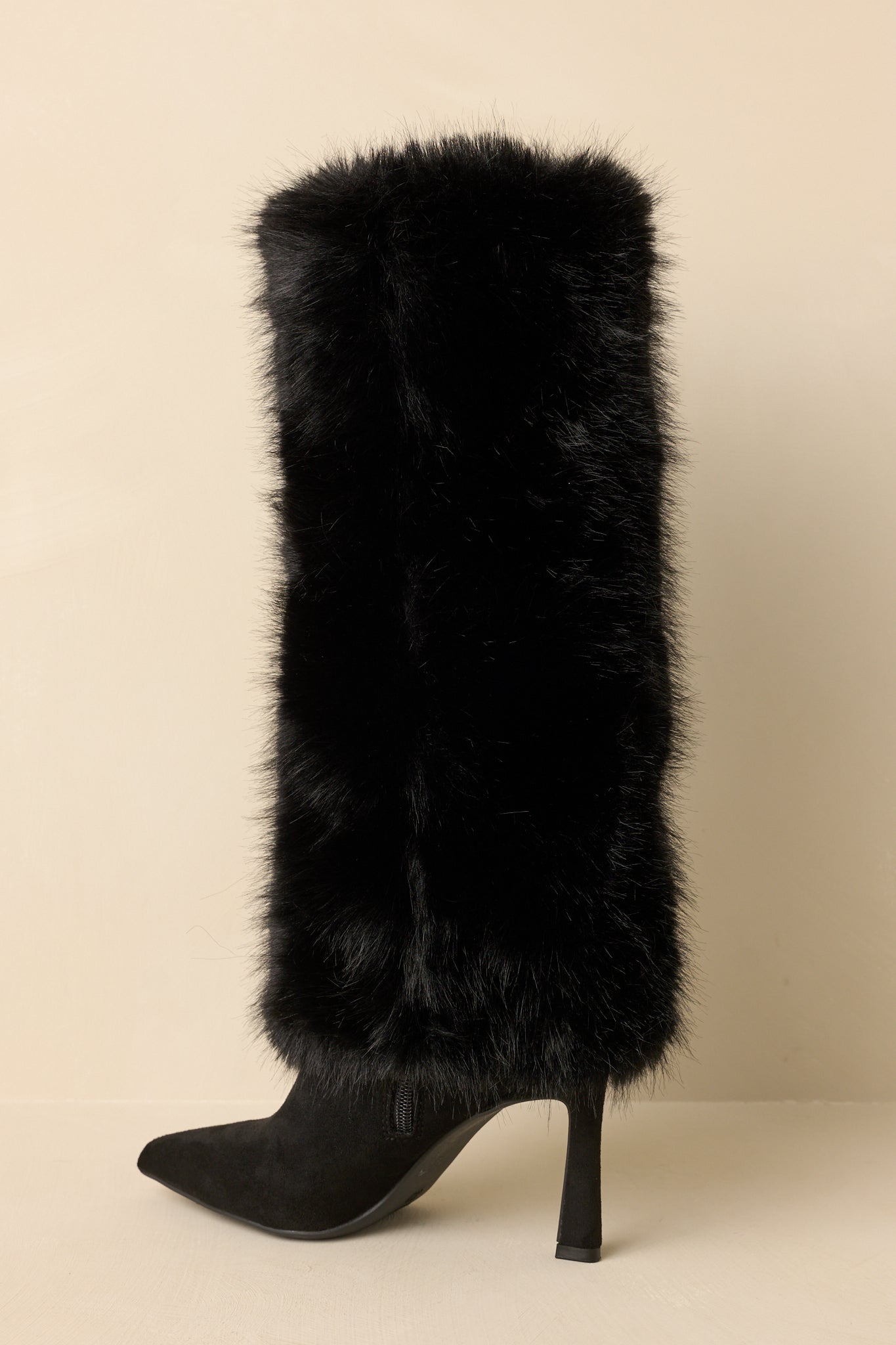 Fine Point Black Faux Fur and Suede Pointed Toe Stiletto Boots