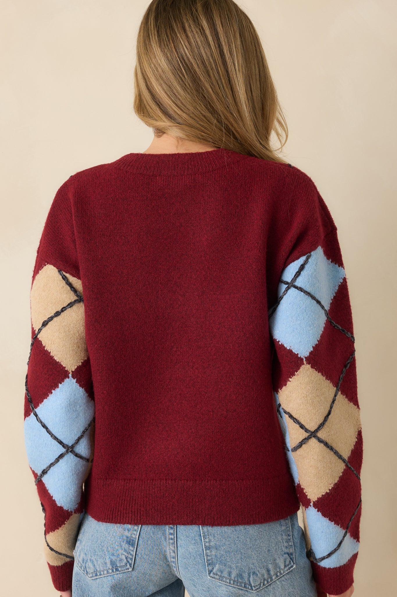 Check Back Later Burgundy Multi Argyle Knit Sweater