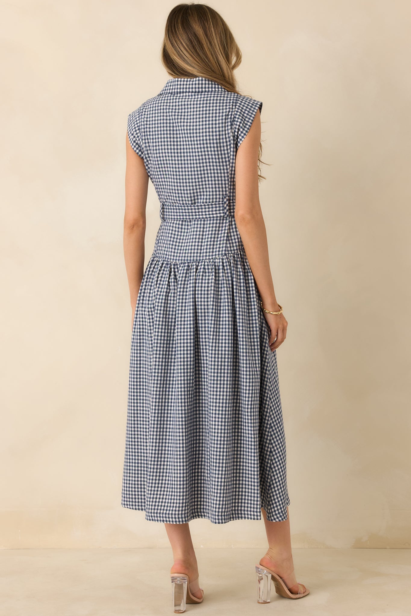 Checked and Considered Navy Gingham Belted Sleeveless Button Up Midi Dress