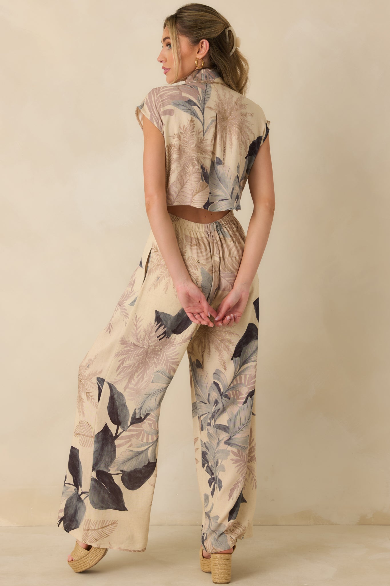 Take Me Somewhere Beige Multi Tropical Open Back Jumpsuit