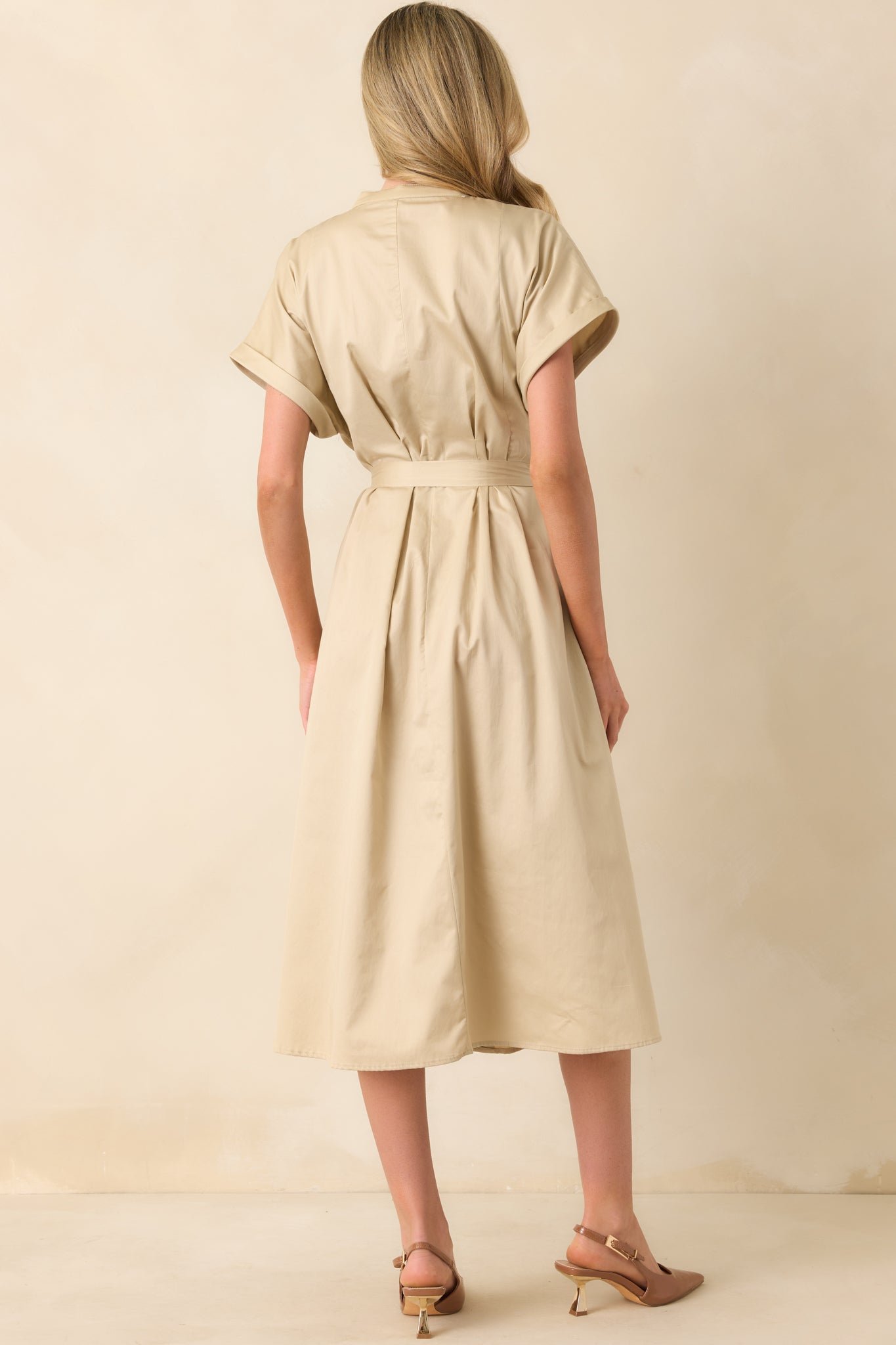 Late Nights Beige Cotton Button Front Midi Dress