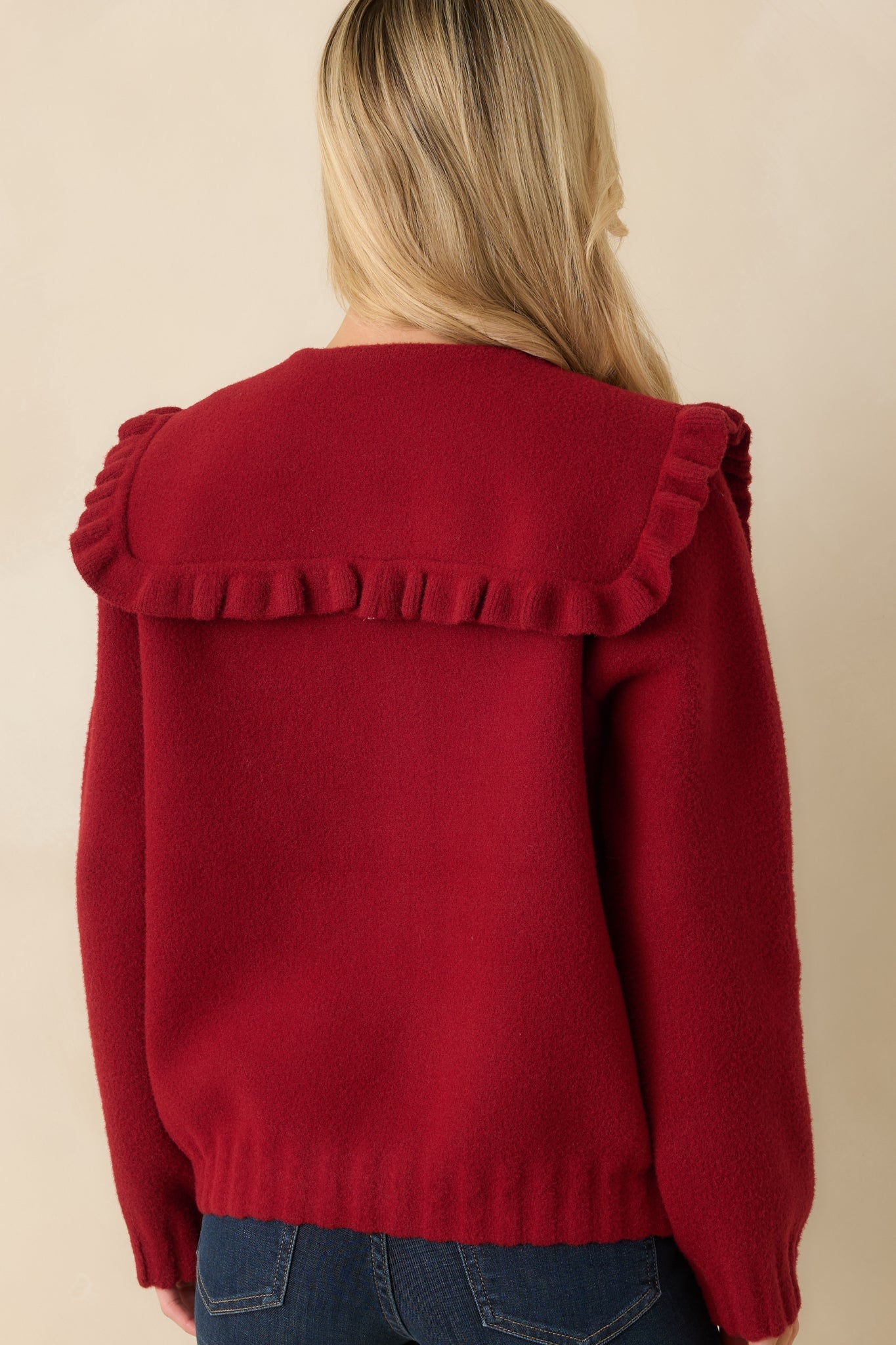 Frilled To Announce Cranberry Red Oversize Ruffle Collar Cardigan Sweater