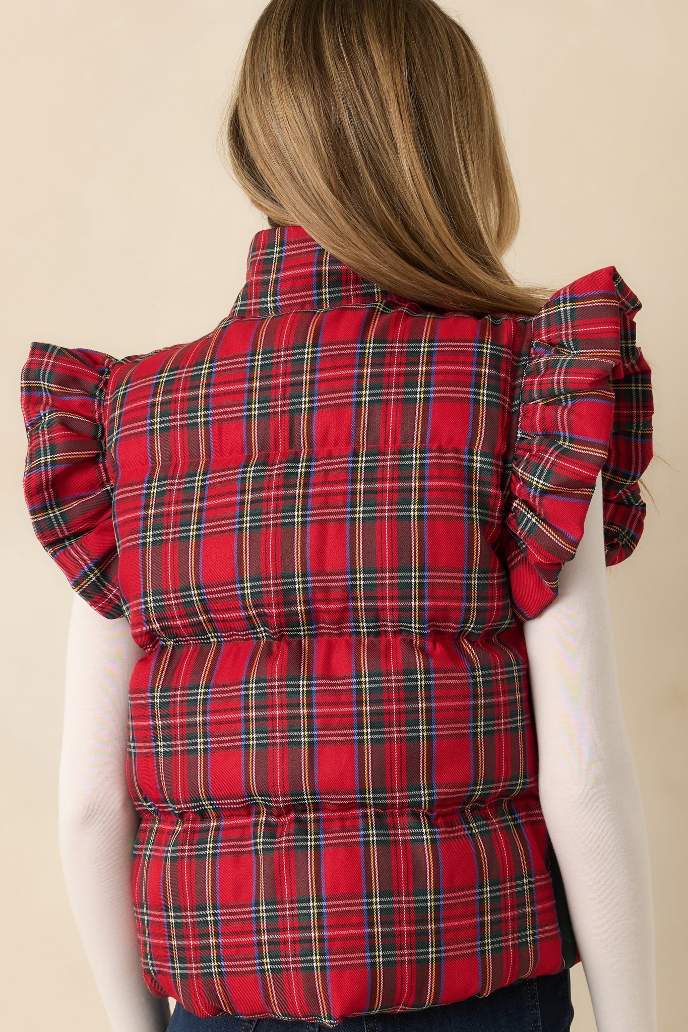 Here for the Cheer Red Plaid Ruffle Puffer Vest