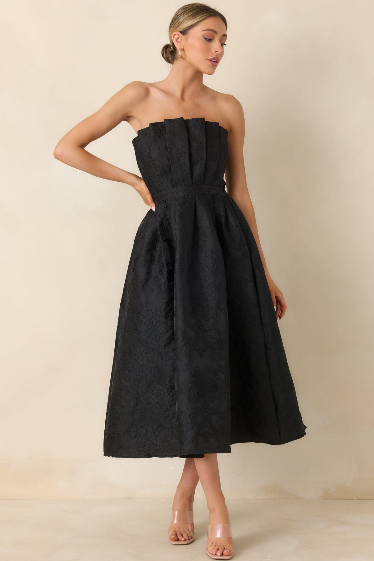 The Genevieve Black Jacquard Strapless Midi Dress