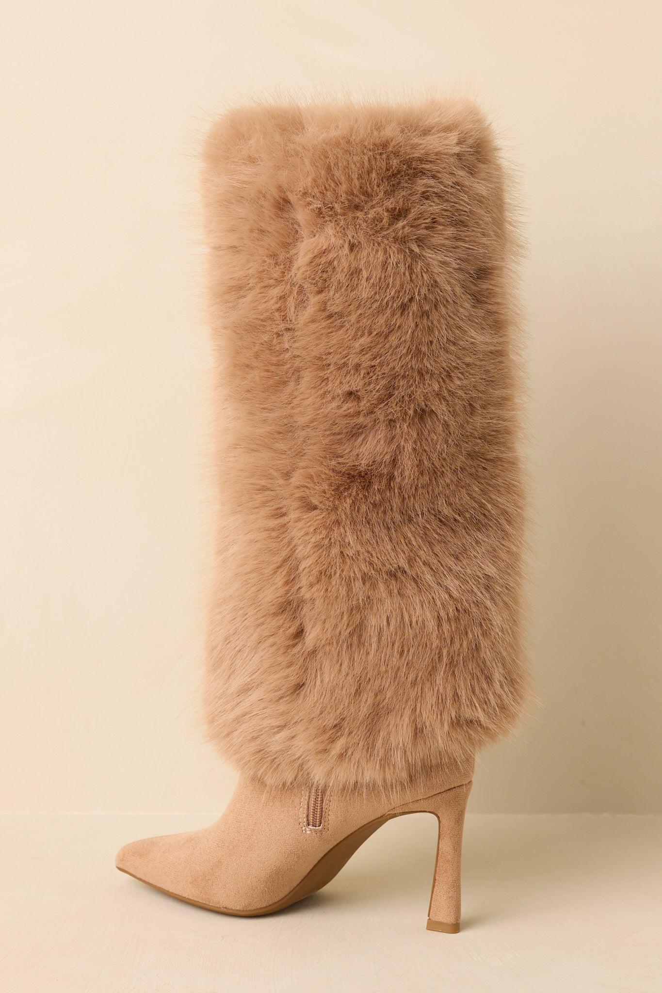 Fine Point Tan Faux Fur and Suede Pointed Toe Stiletto Boots