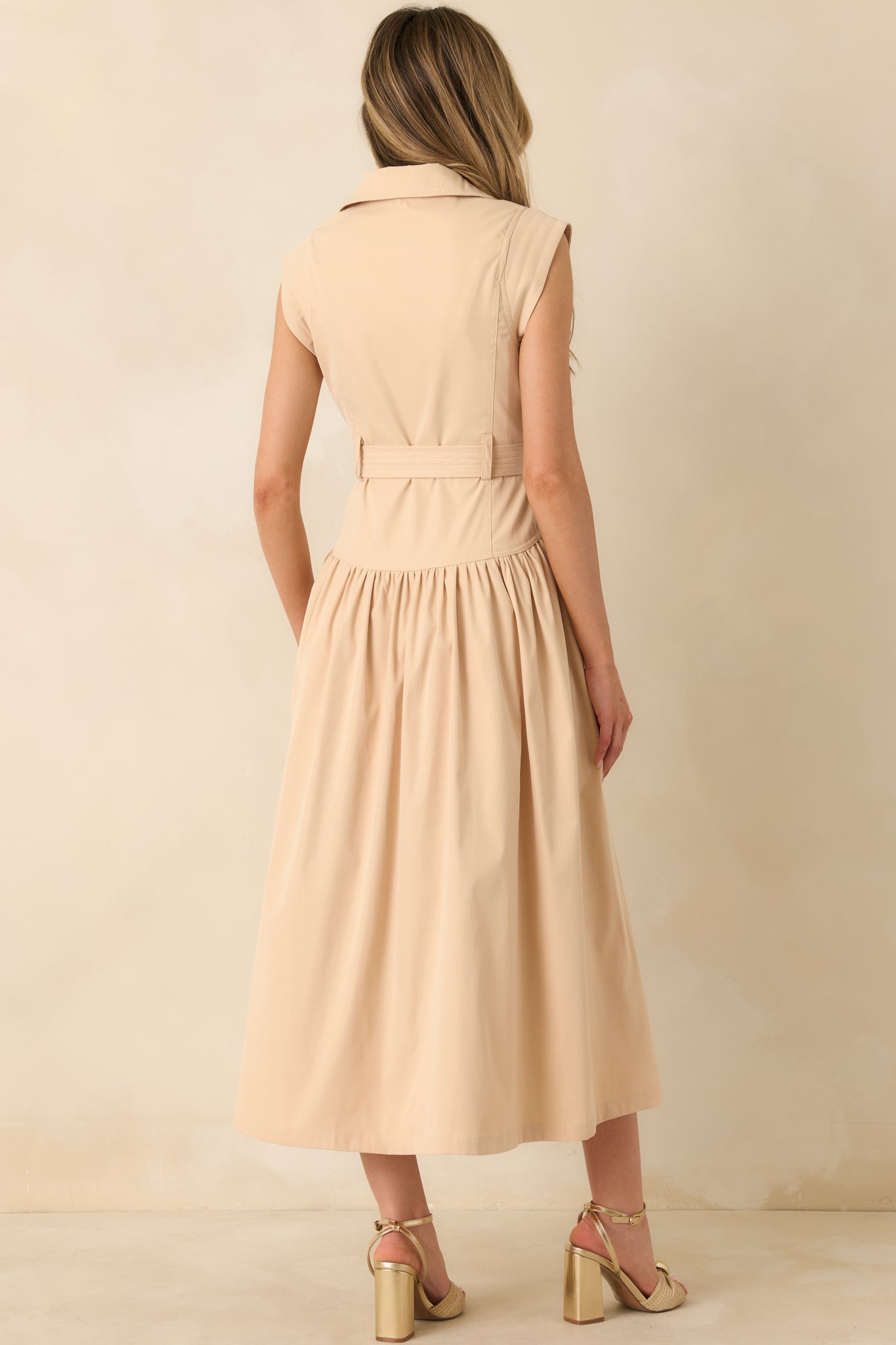 Just Right Moments Beige Sleeveless Belted Maxi Shirt Dress