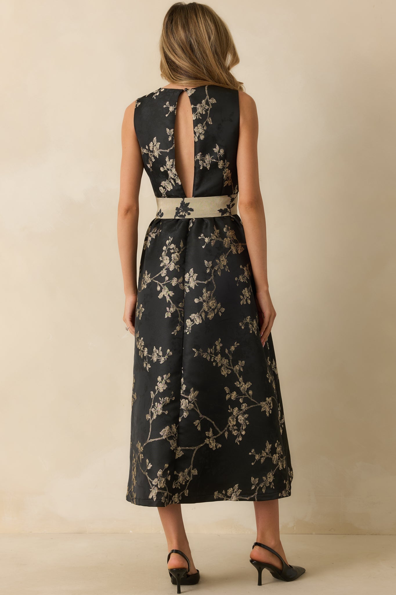 The Way She Blooms Black Floral Jacquard Bow Belt Maxi Dress