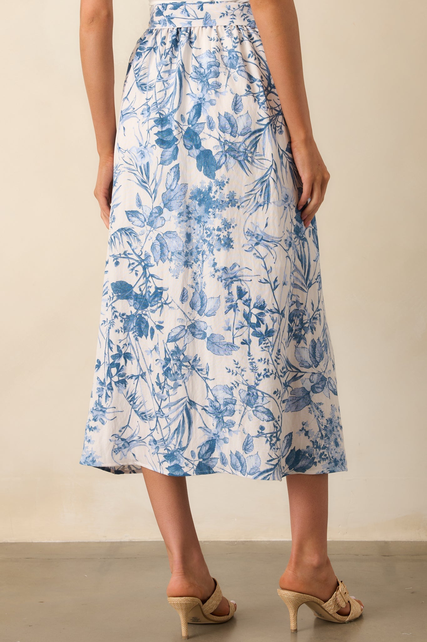 Don't Need A Reason Blue Floral Rayon Belted Midi Skirt
