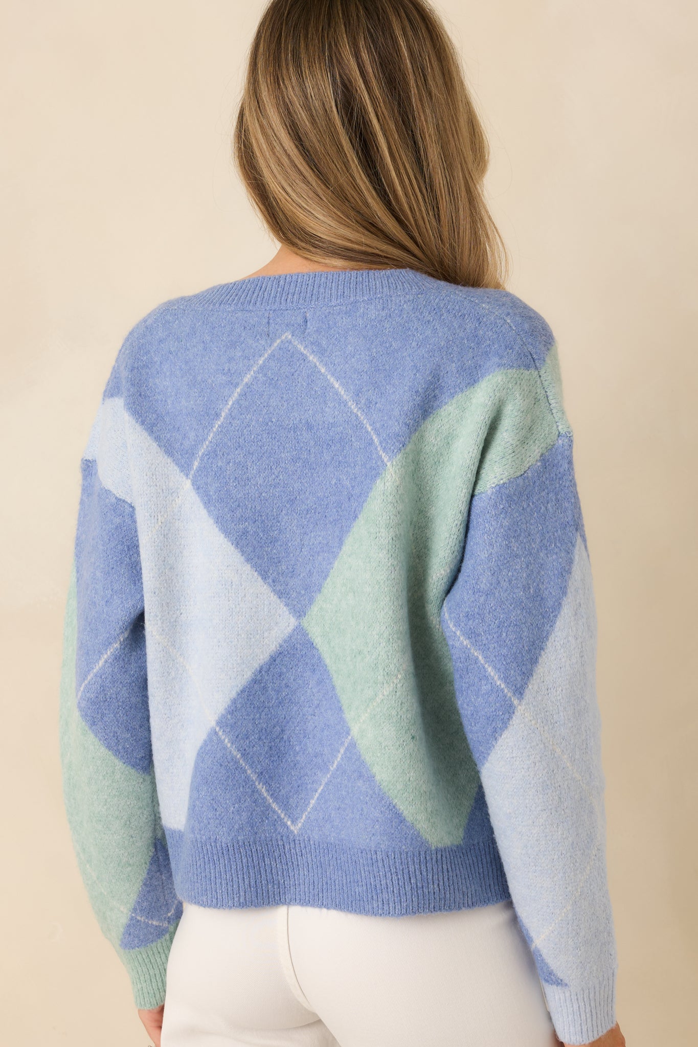 Just My Style Blue Multi Knit Argyle V-Neck Sweater