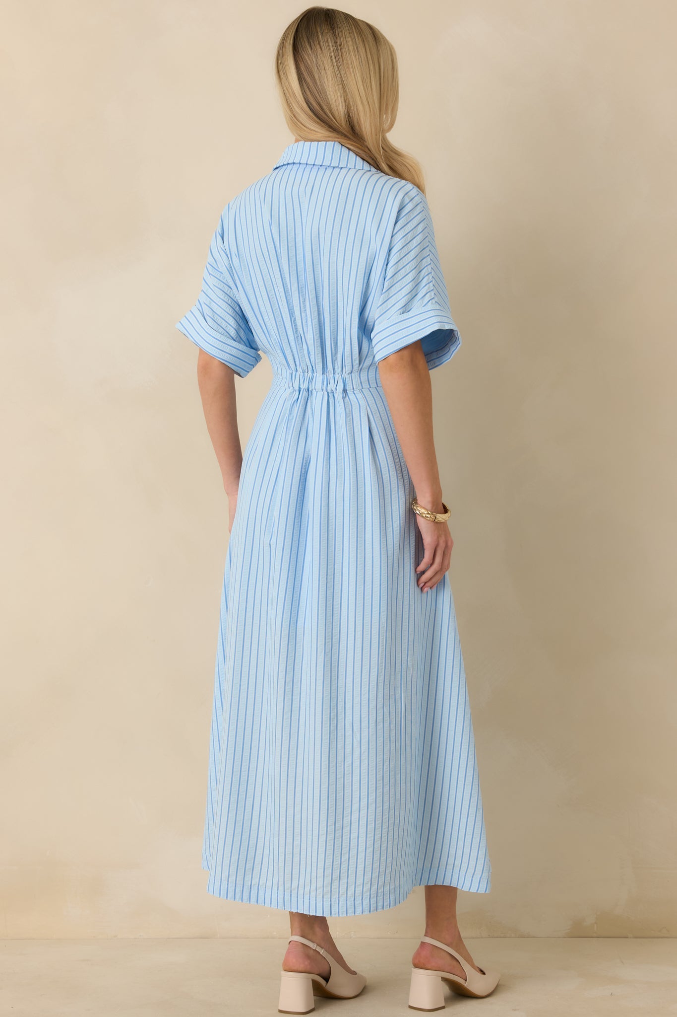 Wherever I Go Light Blue Stripe Smocked Waist Maxi Shirt Dress