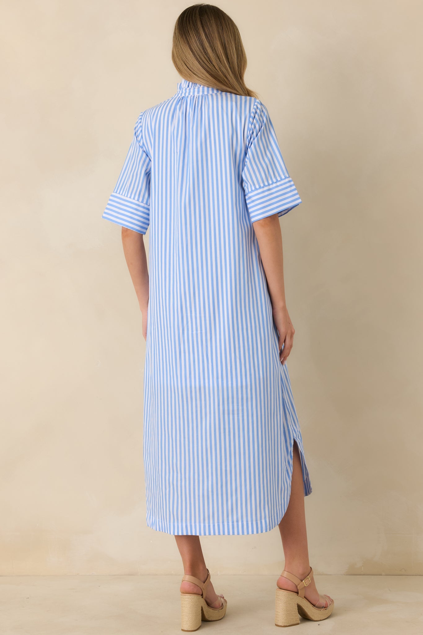 In Perfect Order Blue Stripe Button Front Ruffle Collar Midi Shirt Dress