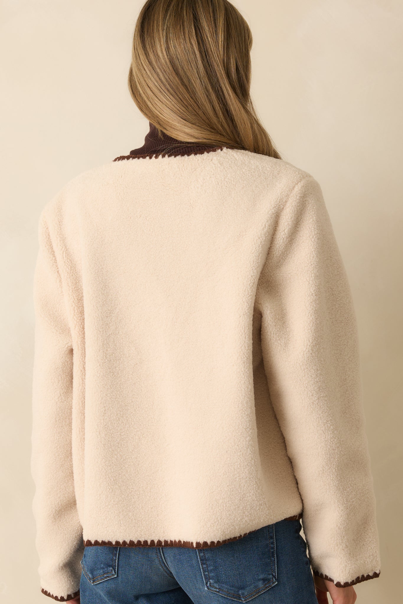 One More Thing Ivory Sherpa Fleece Contrast Trim Button Front Jacket