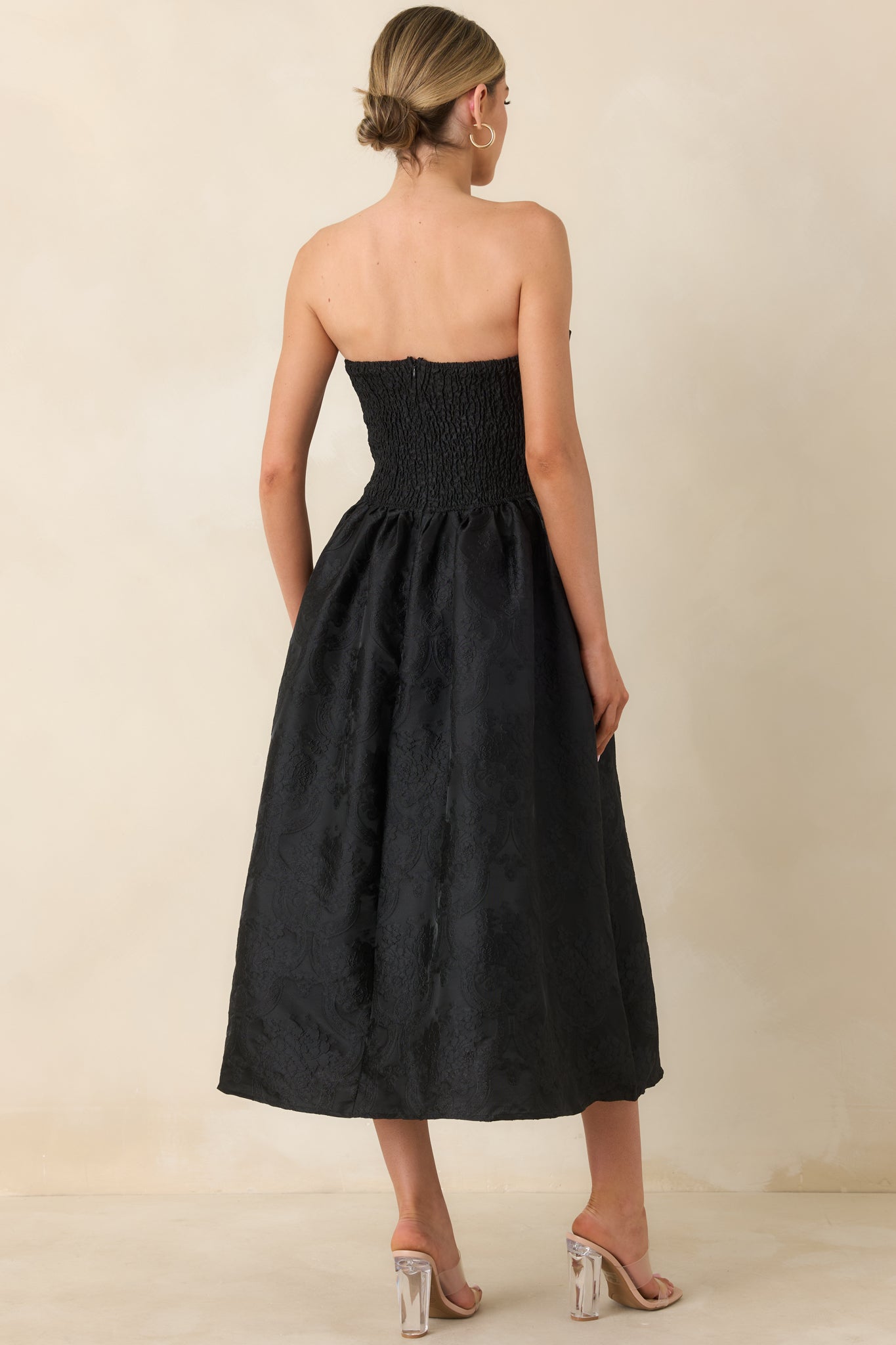 The Genevieve Black Jacquard Strapless Midi Dress