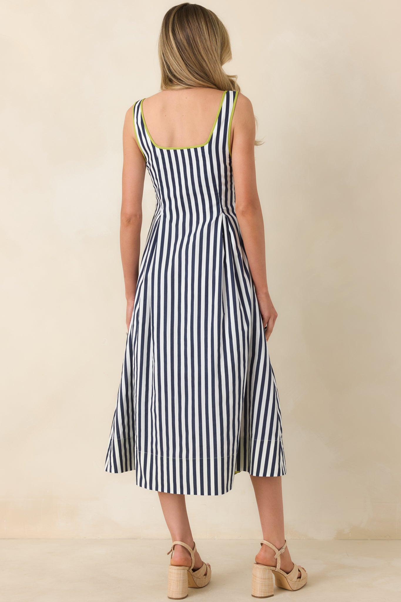 All Smiles Navy & Chartreuse Stripe Cotton Midi Dress