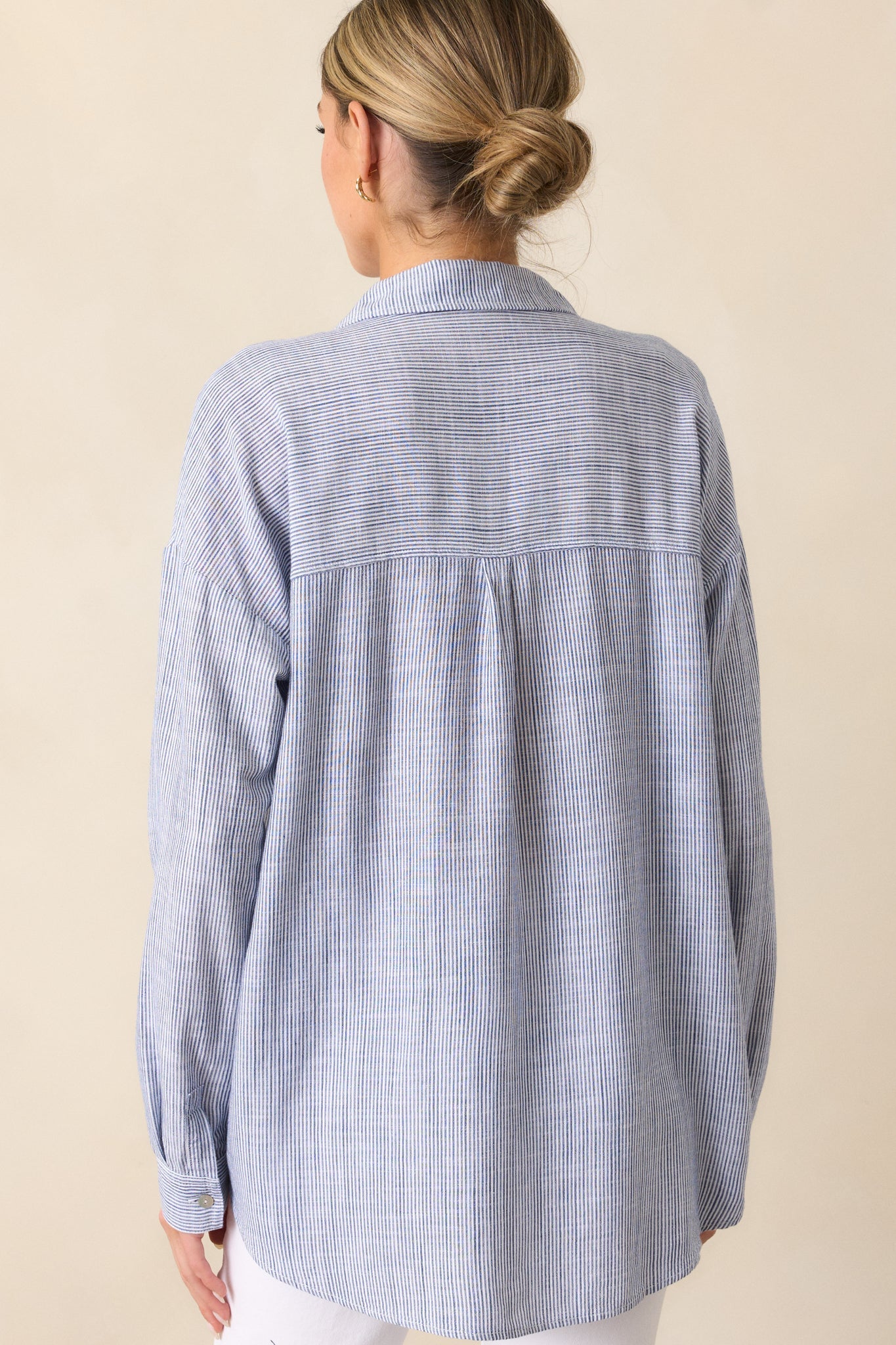What Do You Mean Blue Stripe Linen Blend Button Front Top