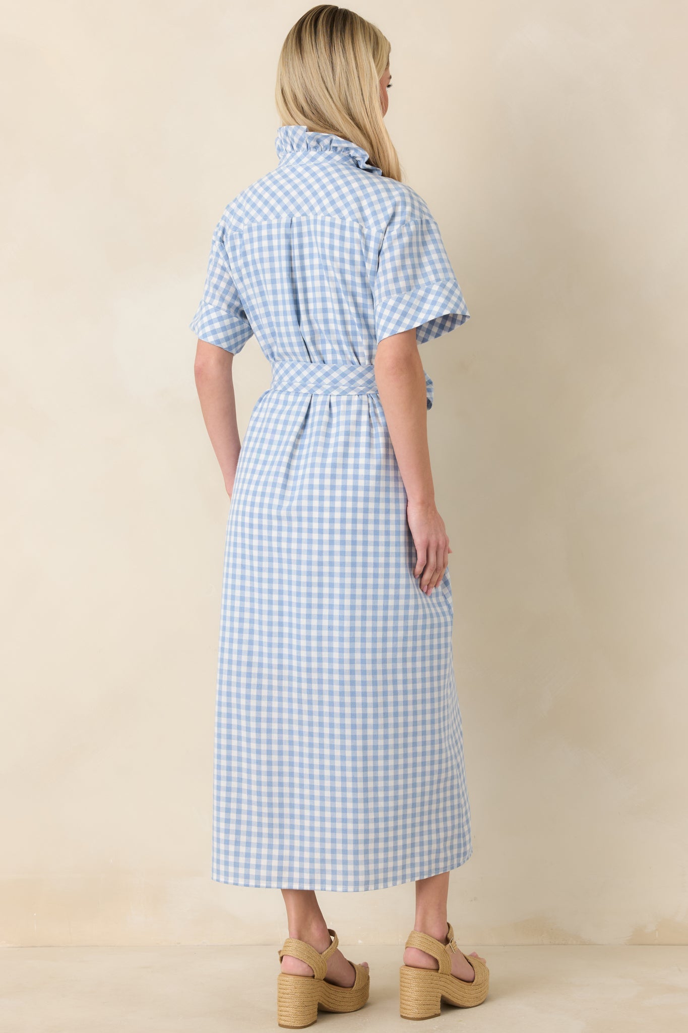 Check Me Out Blue Gingham Ruffle Collar Belted Maxi Dress