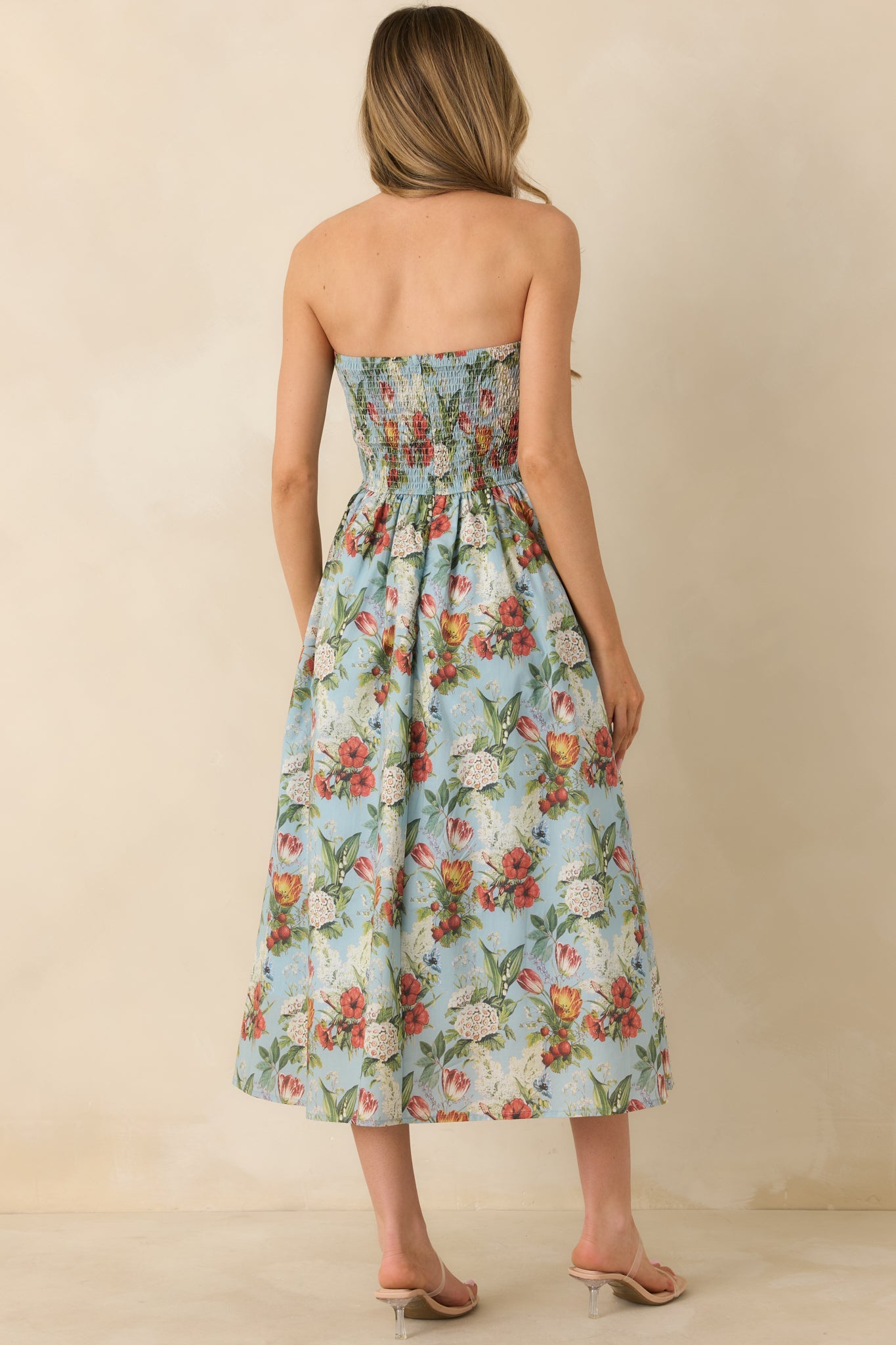 The Genevieve Sky Blue Multi Vintage Floral Print Cotton Strapless Maxi Dress