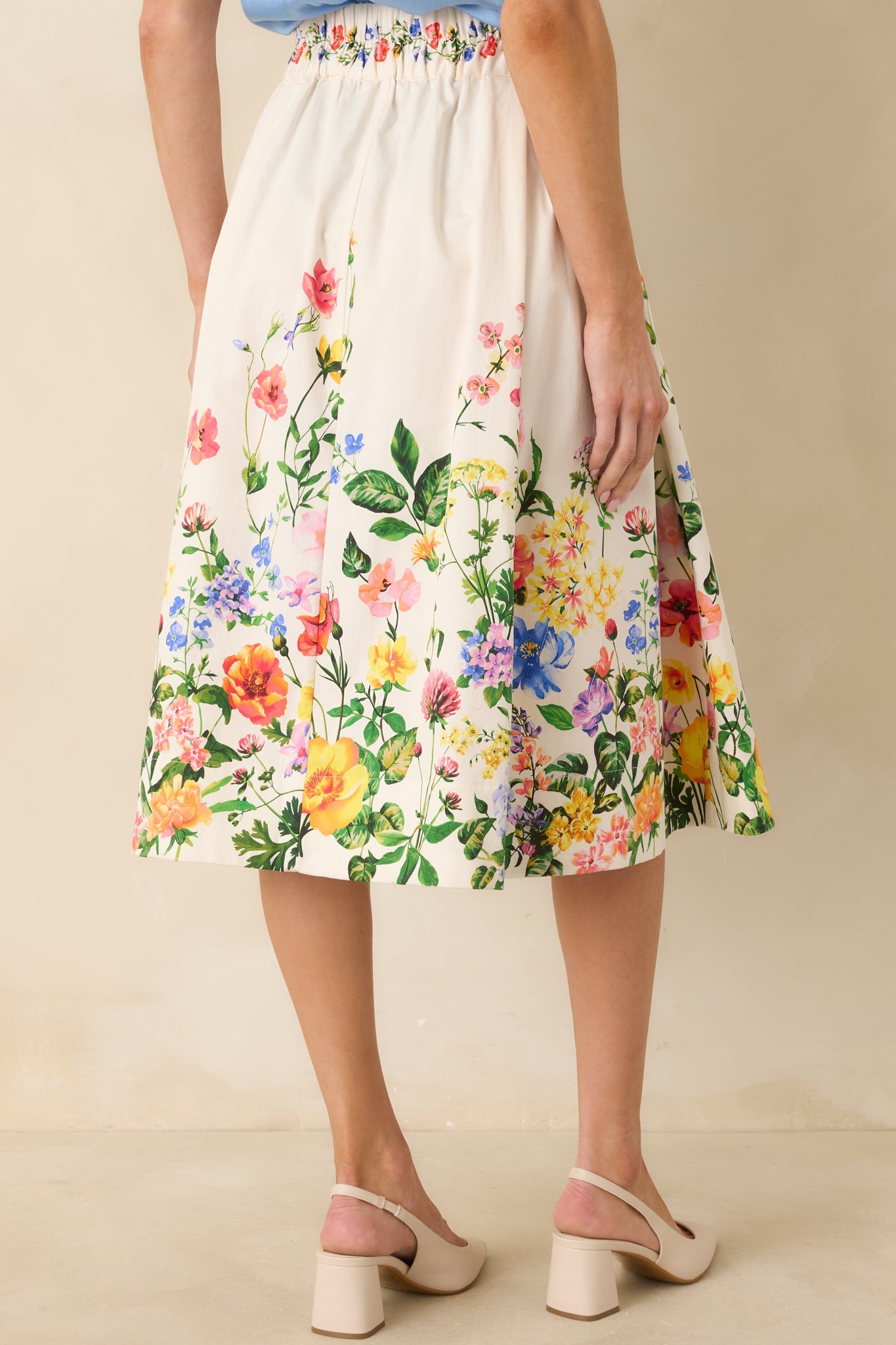 A Beautiful Arrangement Ivory Multi Floral Cotton Midi Skirt