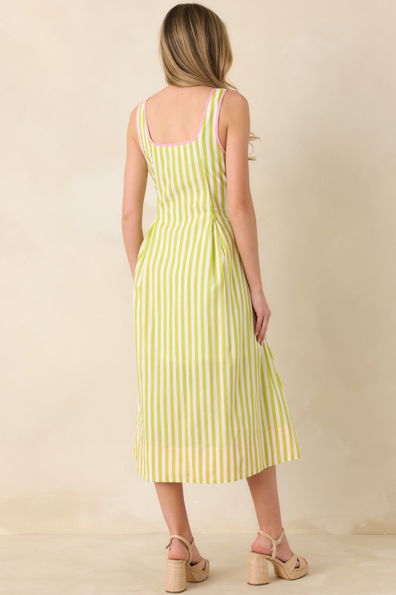 All Smiles Green & Pink Stripe Cotton Midi Dress
