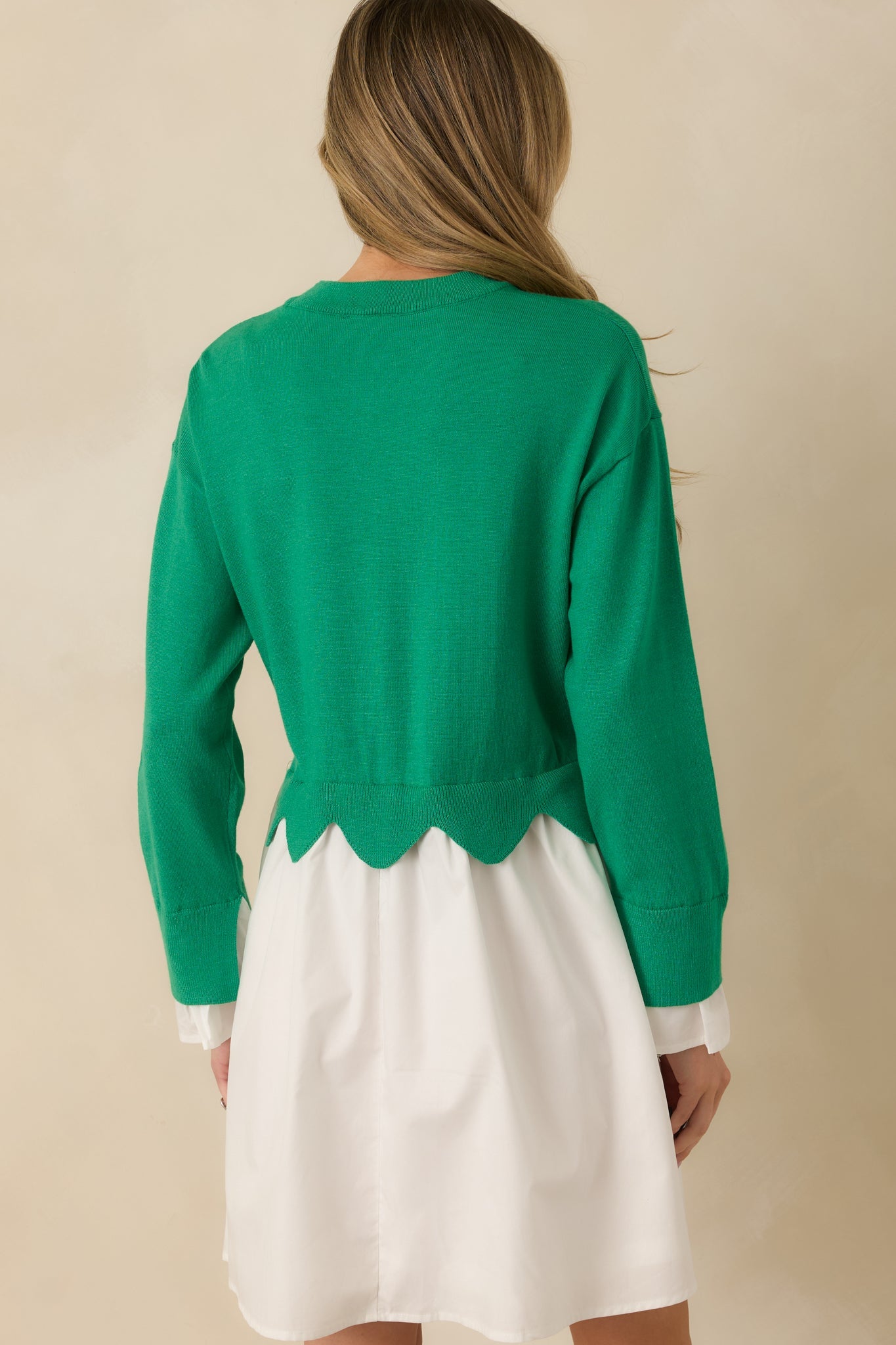 Made to Charm Green Scalloped Sweater Mini Dress