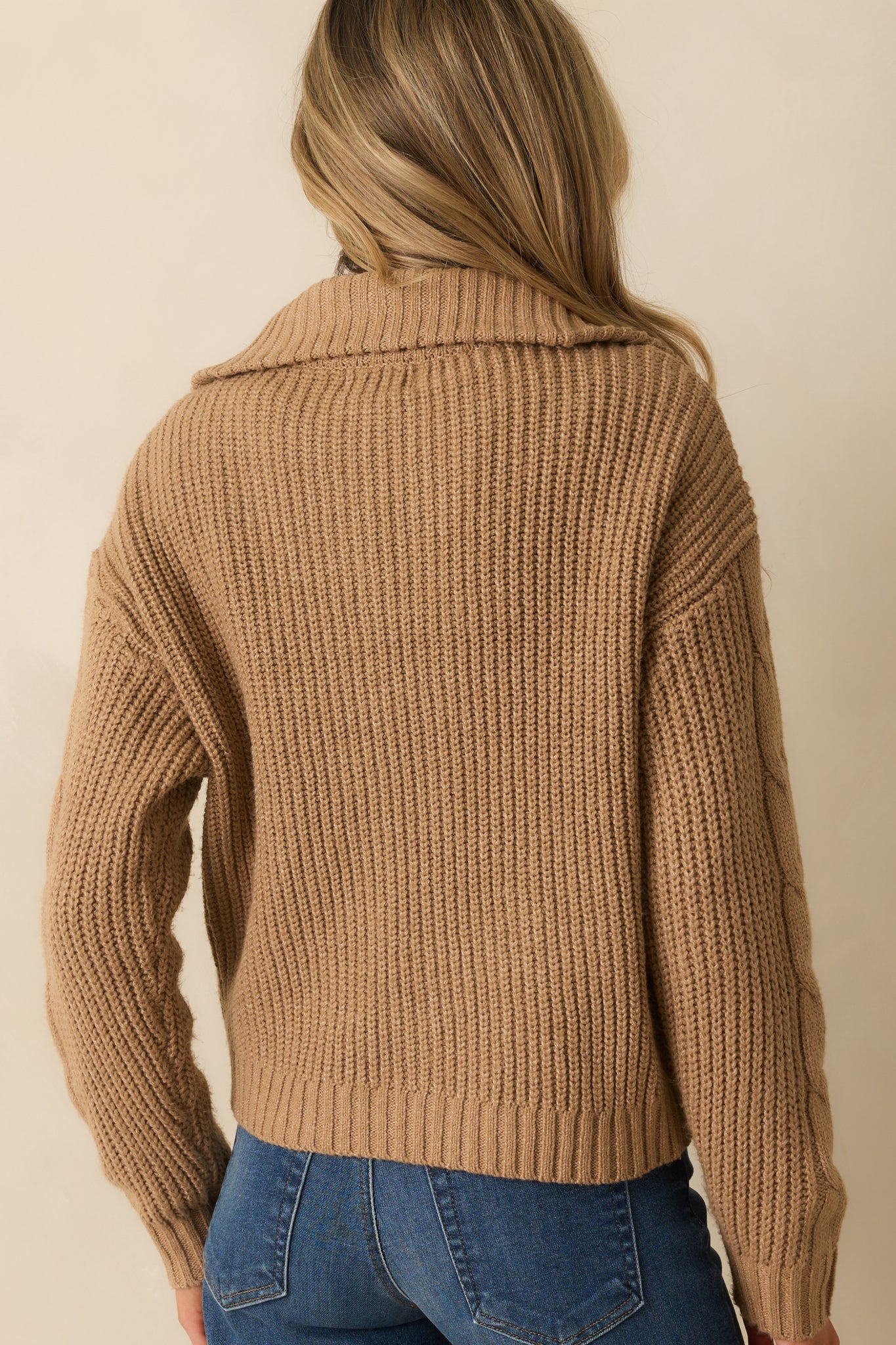 Better Believe It Camel Brown Cable Knit Zip Front Sweater Jacket