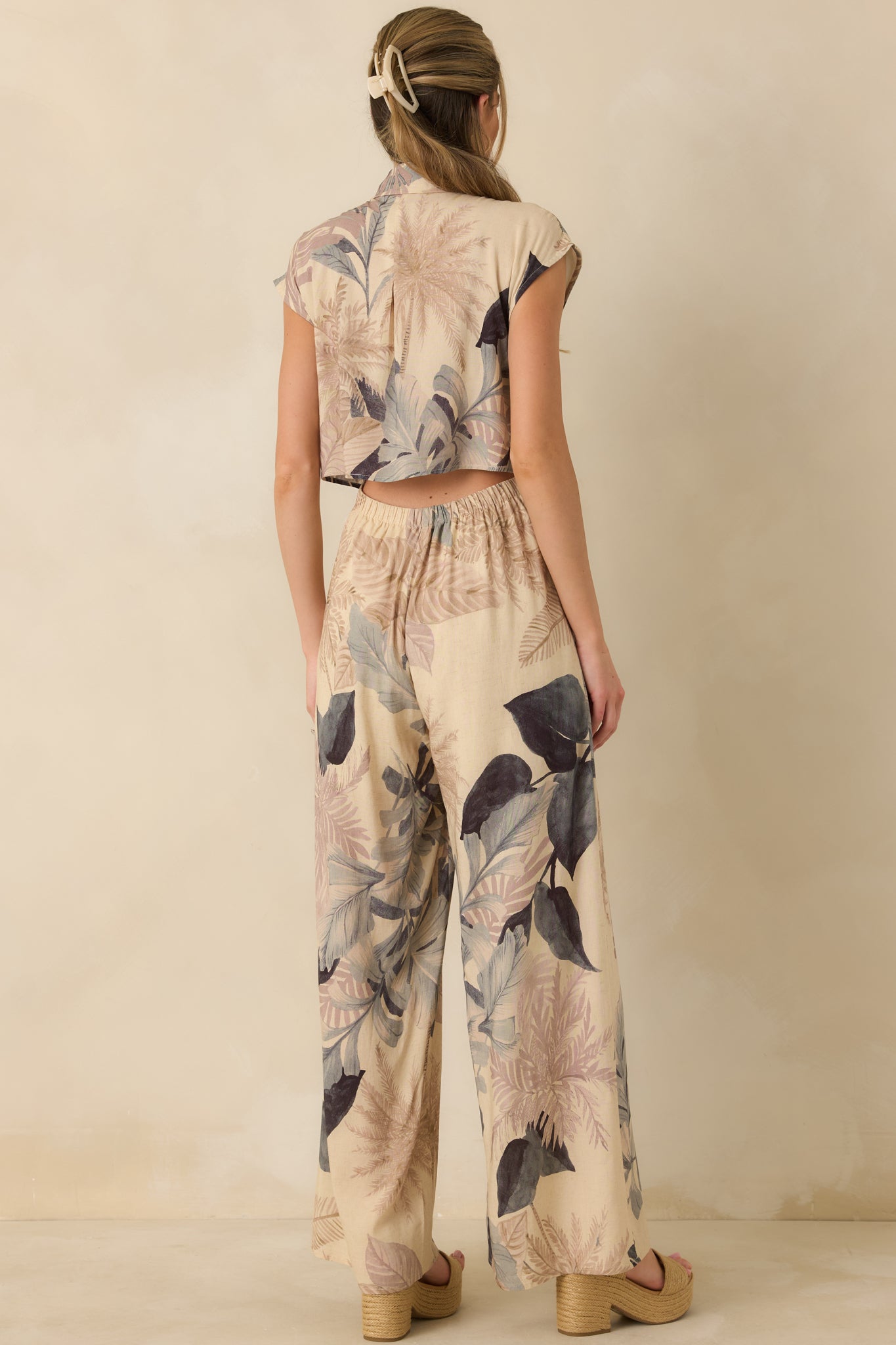 Take Me Somewhere Beige Multi Tropical Open Back Jumpsuit