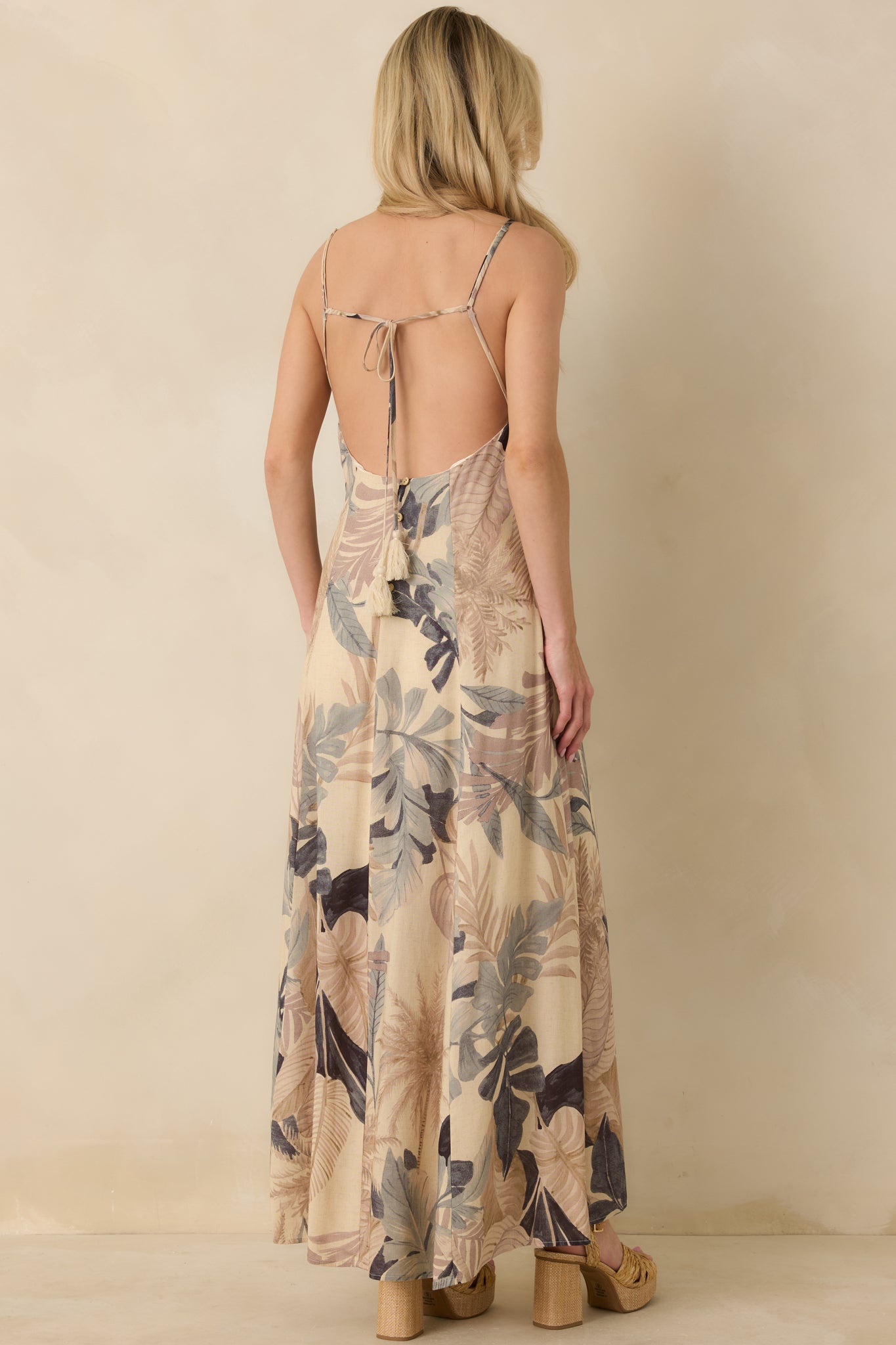 Say It Again Beige Multi Tropical Tie-Back Maxi Dress