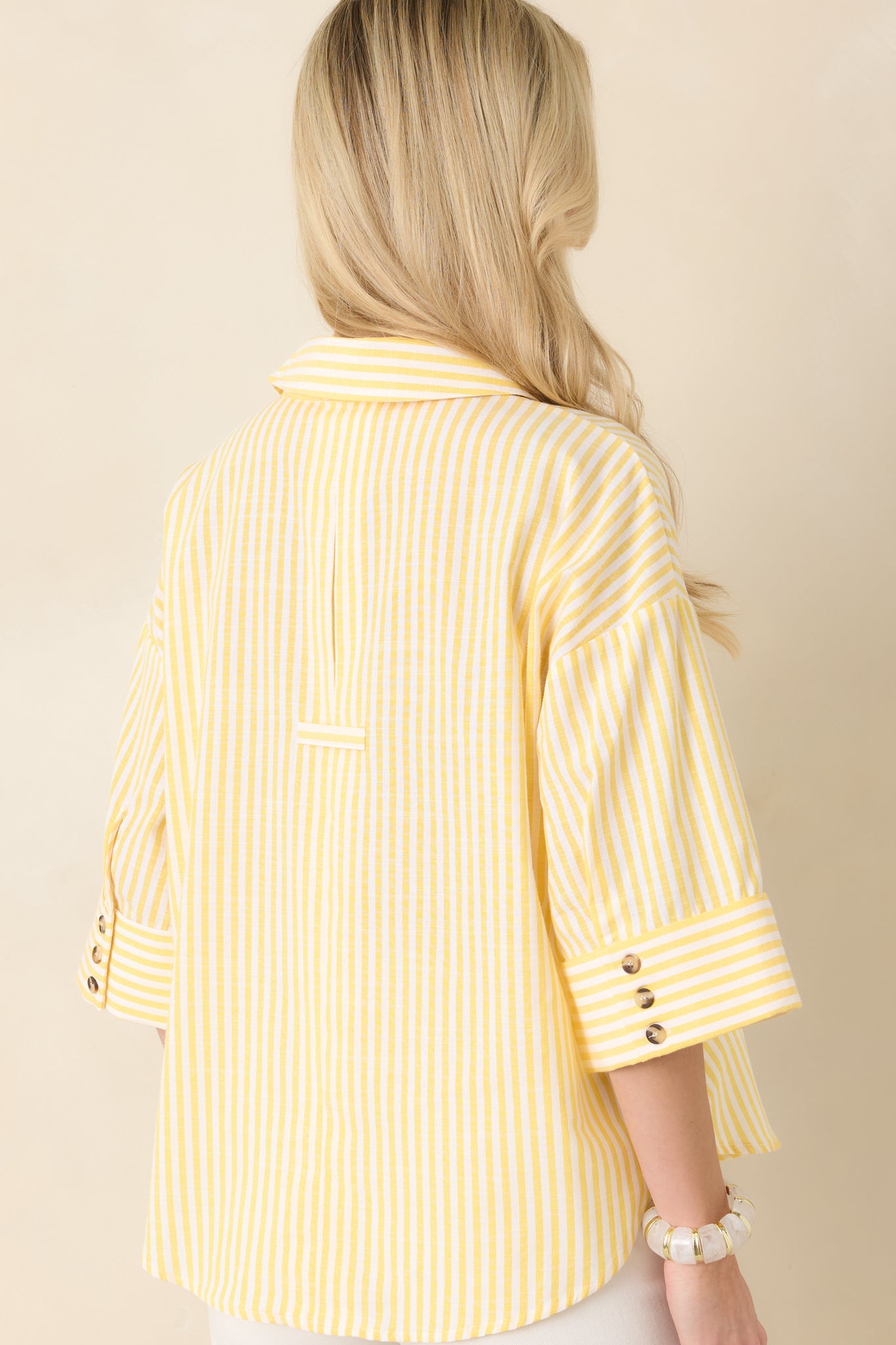 Leading Lines Yellow Stripe Collared V-Neck Blouse