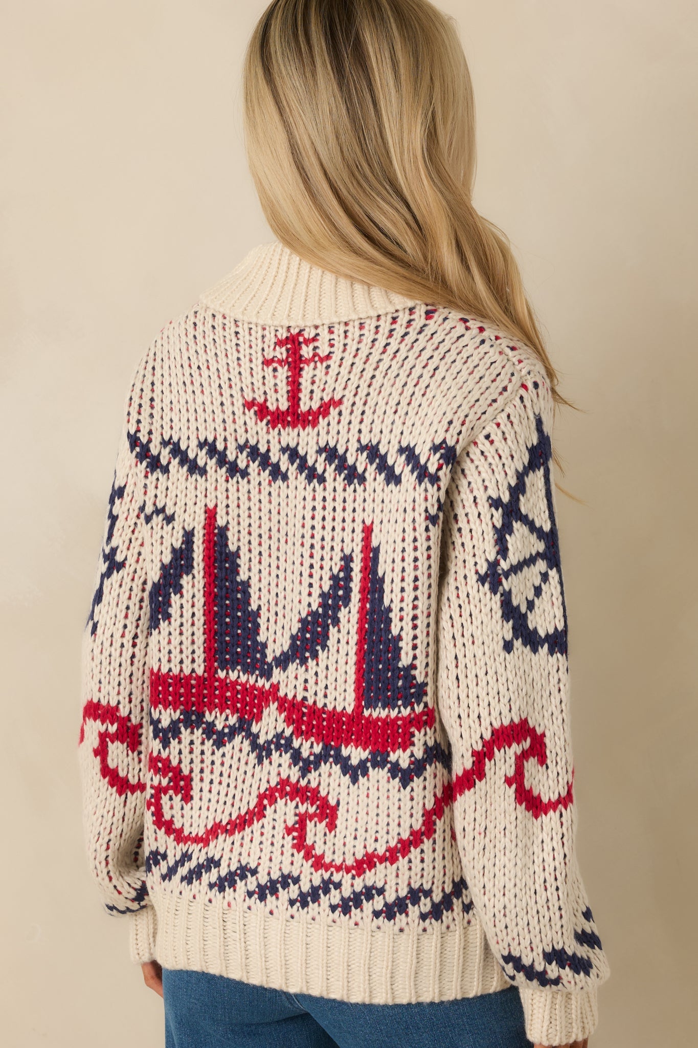 Between Tides Ivory Multi Knit Nautical Zip Up Collared Sweater Jacket