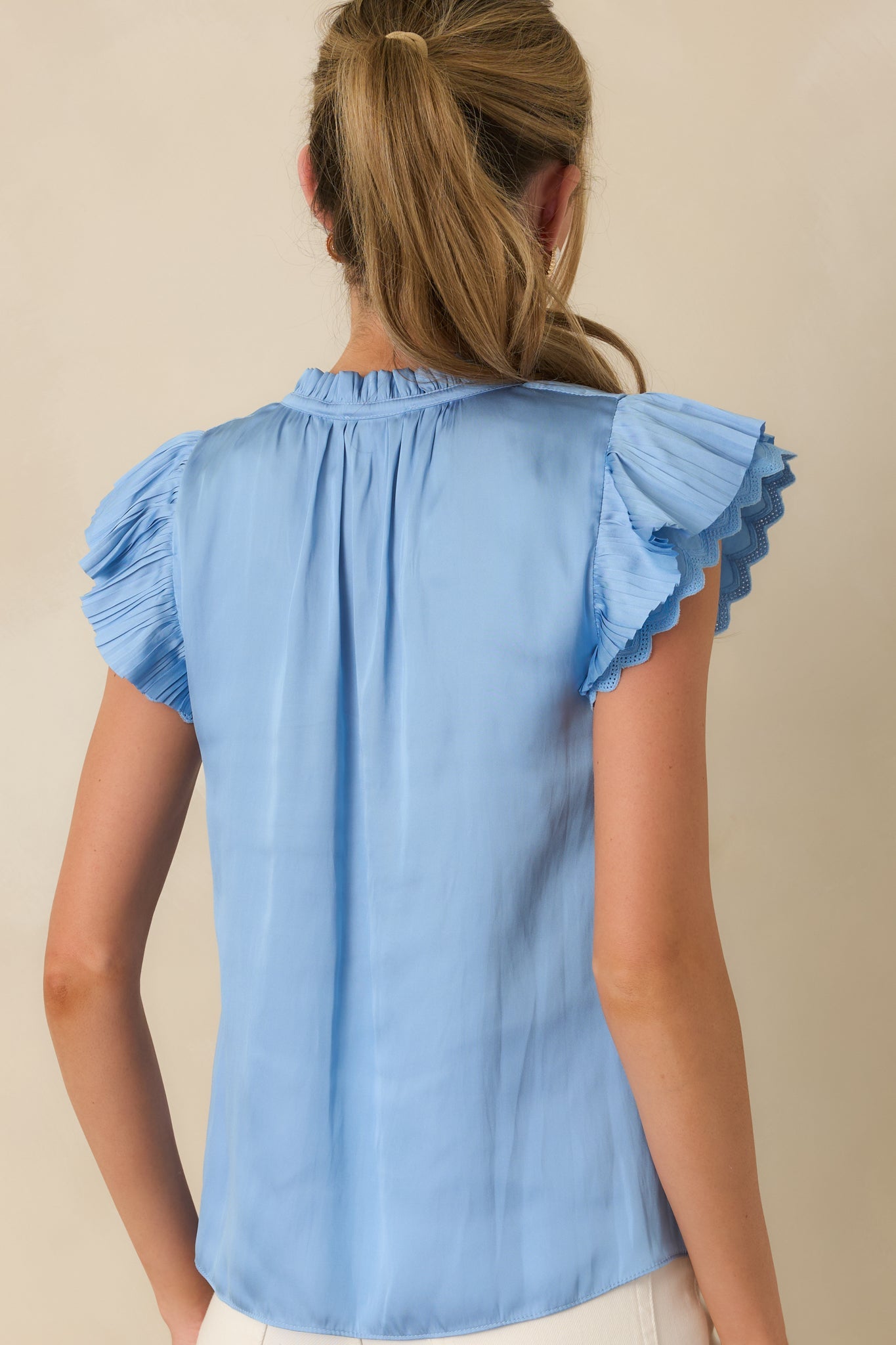 The Way It Unfolded Blue Ruffle & Lace Trim V-Neck Blouse