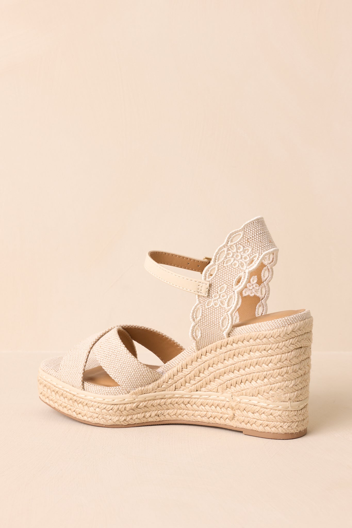 Taking It All In Beige Canvas Embroidered Eyelet Wedge Sandals