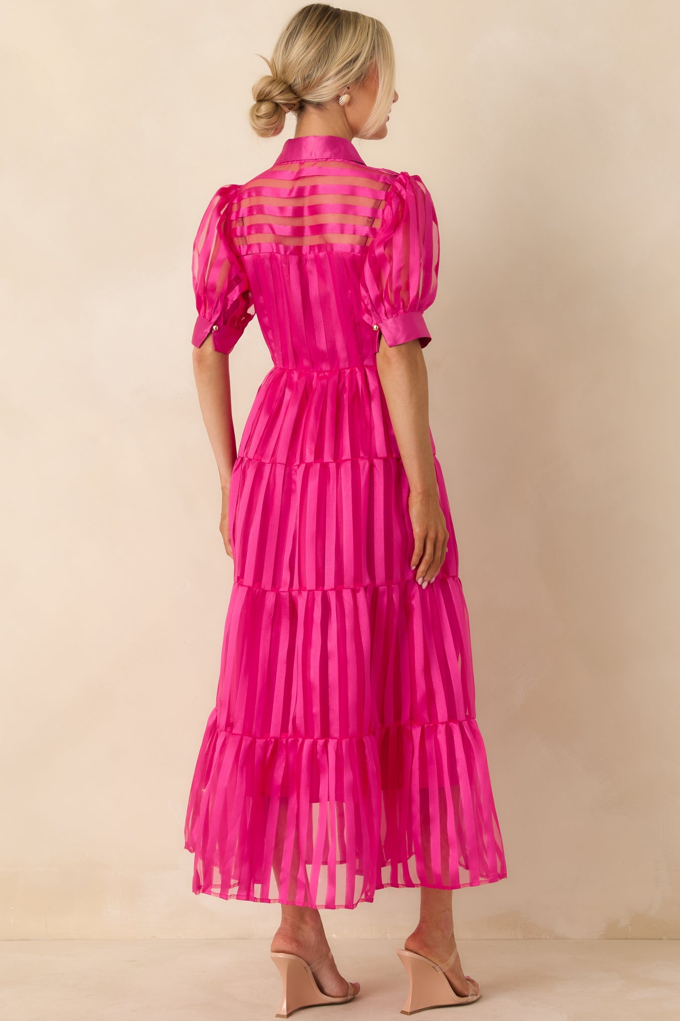 Fiercely Yours Fuchsia Pink Sheer Stripe Tiered Button Up Maxi Dress
