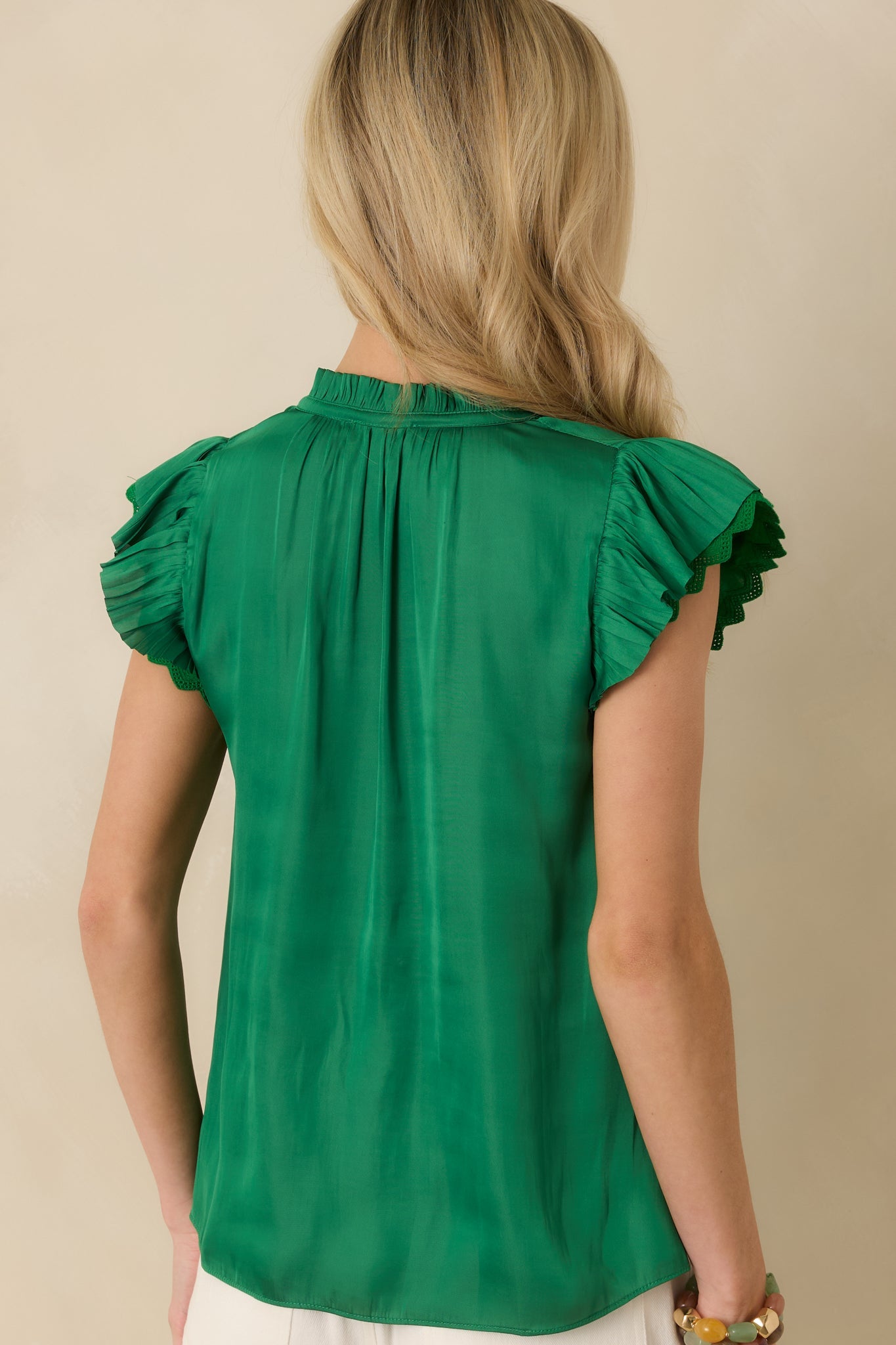 The Way It Unfolded Green Ruffle & Lace Trim V-Neck Blouse