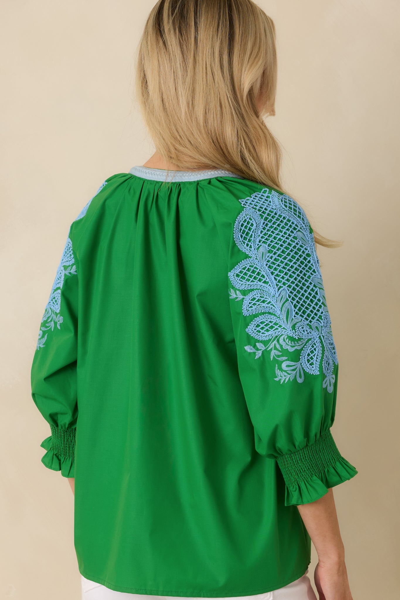 Simple Joys Green Embroidered V-Neck Puff Sleeve Top
