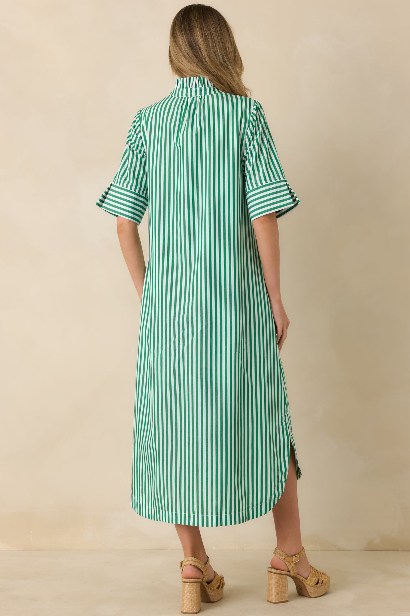 In Perfect Order Green Stripe Button Front Ruffle Collar Midi Shirt Dress