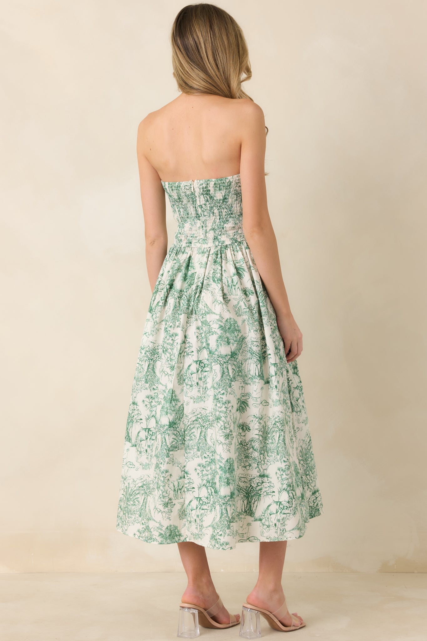 The Genevieve 100% Cotton Green Toile Strapless Midi Dress