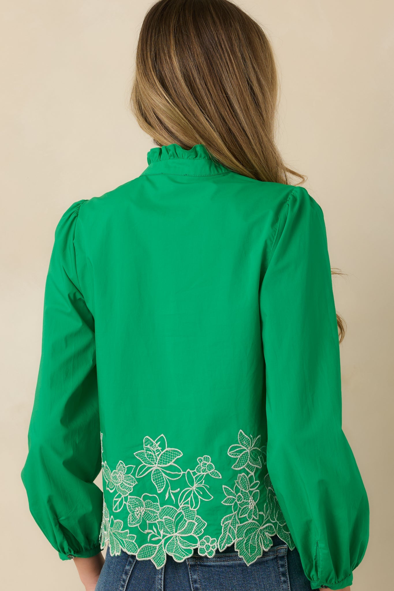 I See You Spring Green Cotton Floral Embroidered Puff Sleeve Top