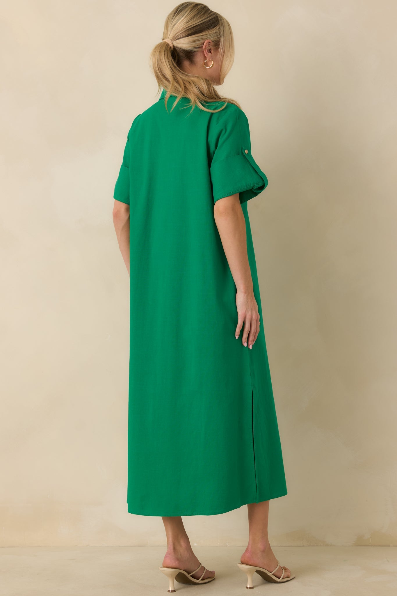 Show Me the Way Kelly Green Cotton Button Front Midi Shirt Dress