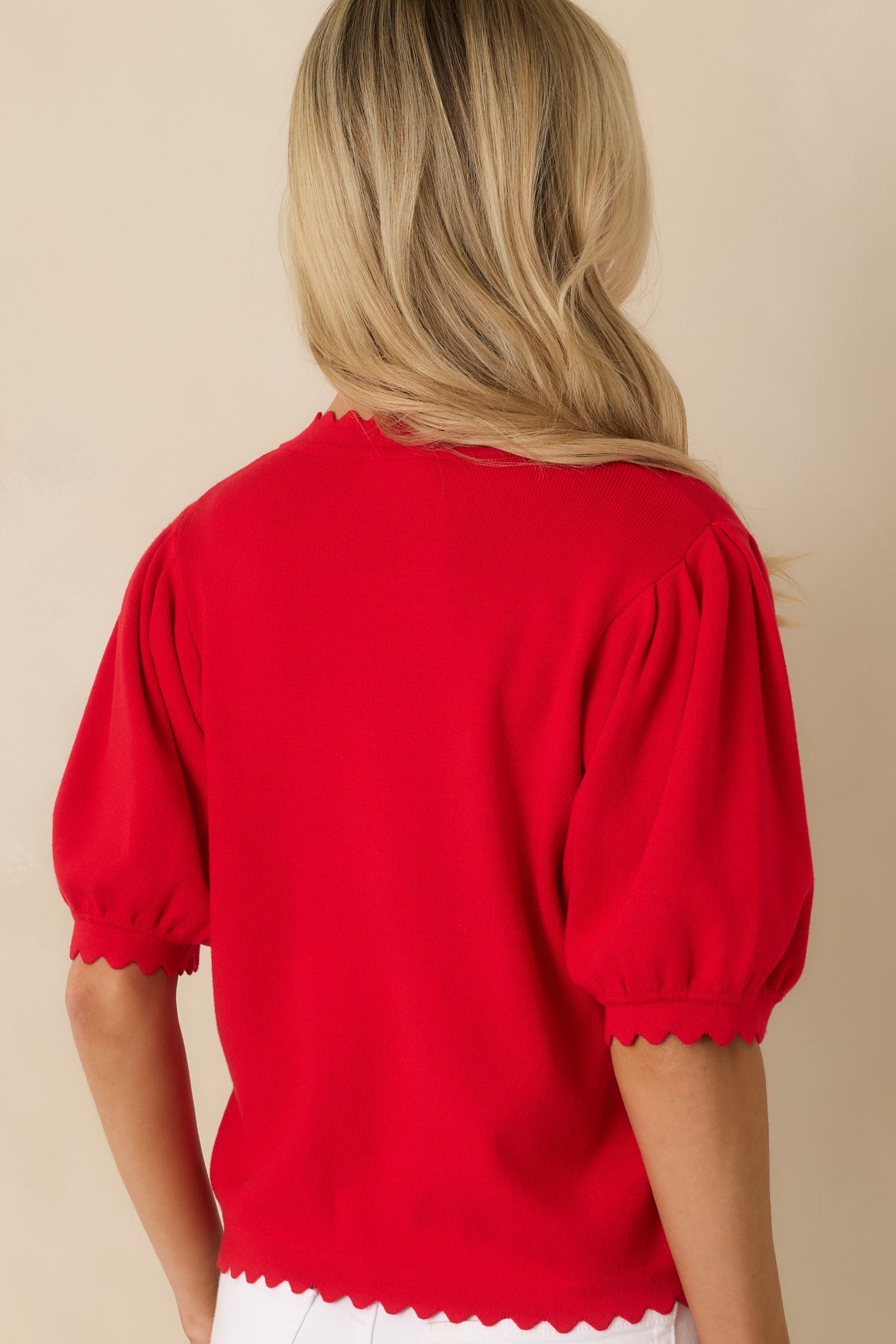 Simply So Cute Red Knit Scalloped Edge Puff Sleeve Button Up Cardigan