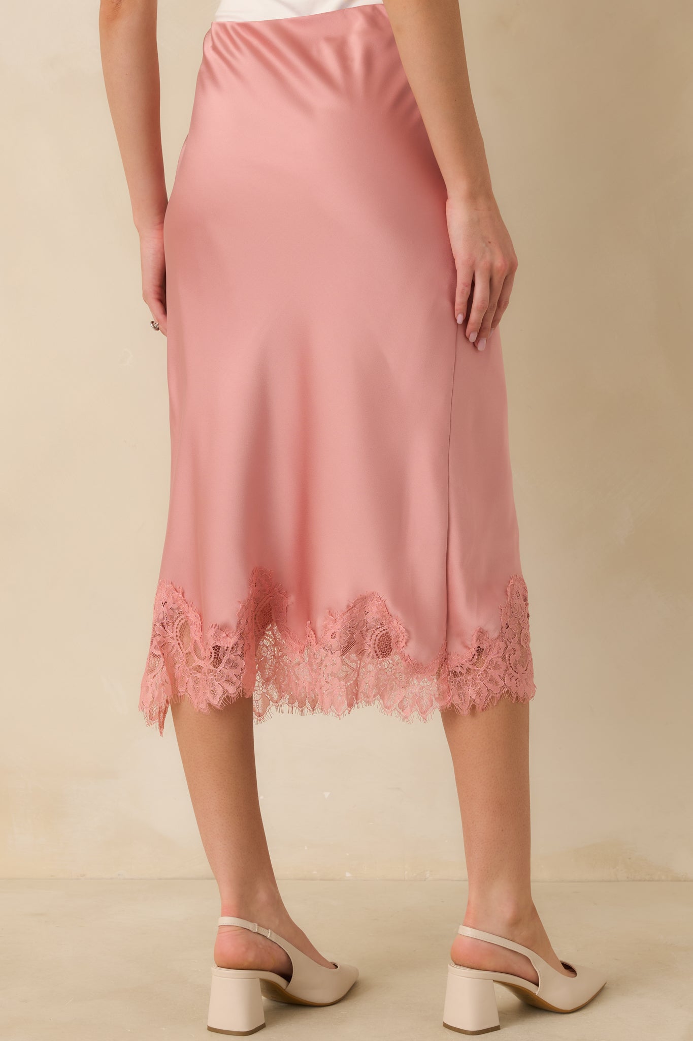 Just Call Me Later Blush Pink Satin Lace Trim Midi Skirt