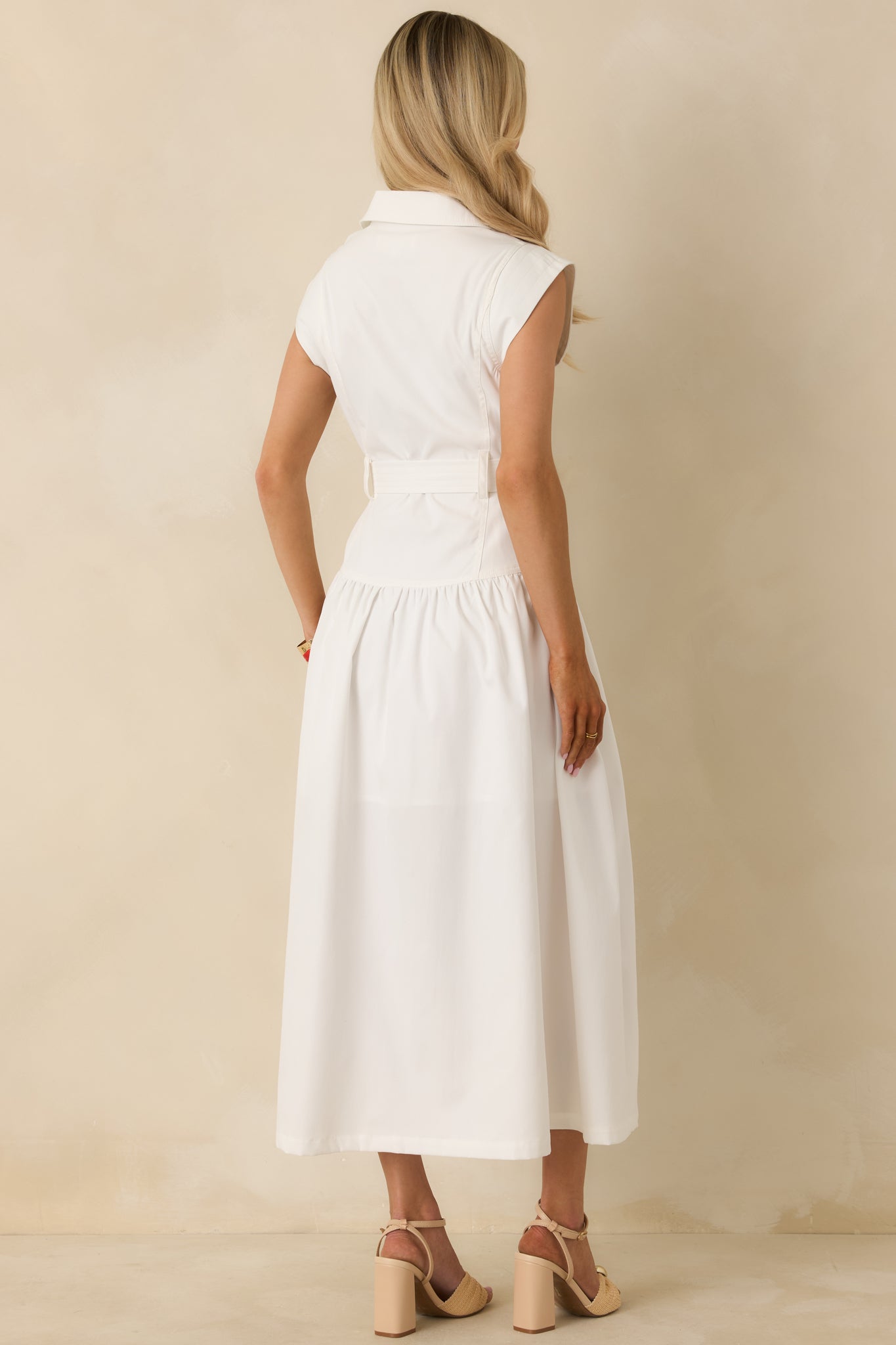 Just Right Moments White Sleeveless Belted Maxi Shirt Dress
