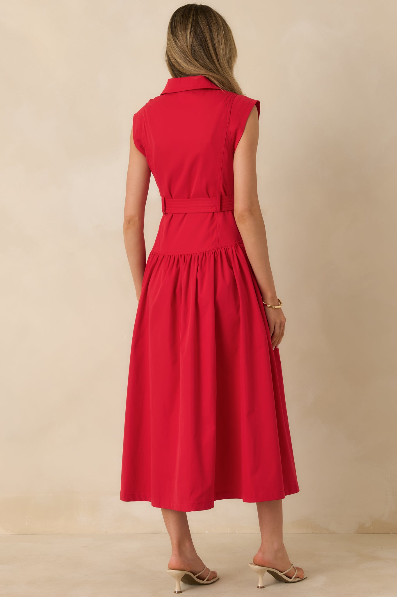 Just Right Moments Red Sleeveless Belted Maxi Shirt Dress