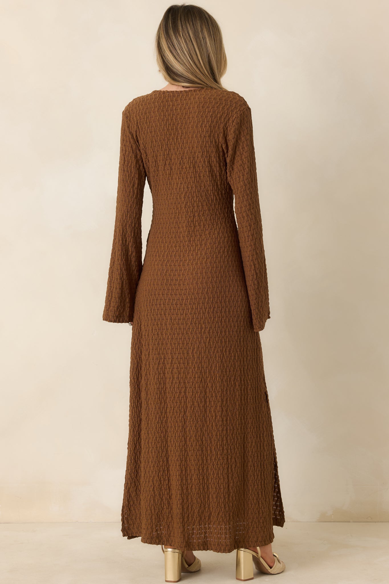 Just a Hint of Glam Brown Textured Semi-Sheer Long Sleeve Maxi Dress